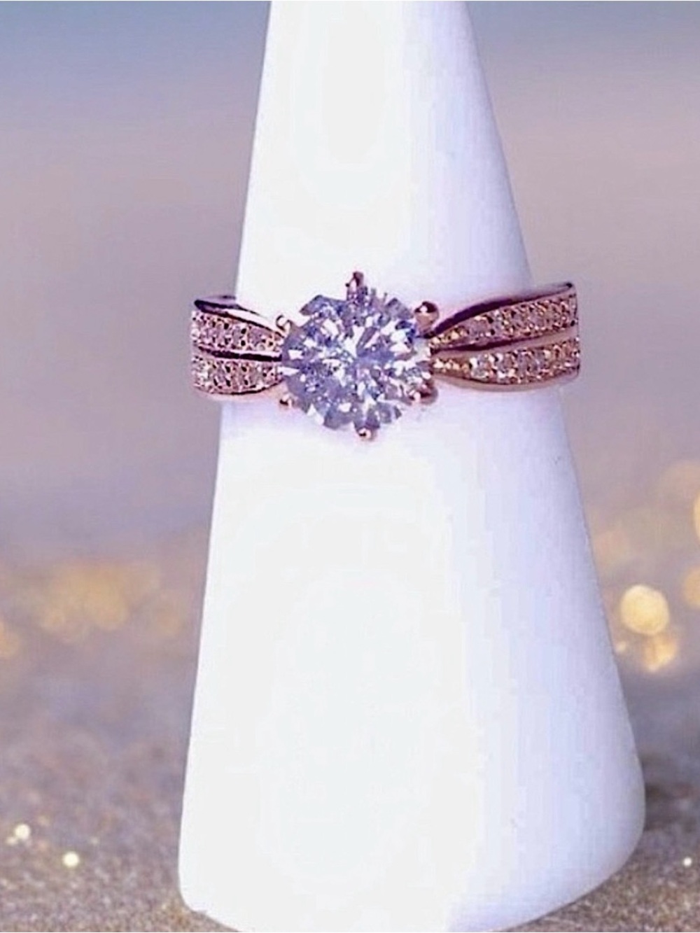 Rose Gold Ring with Round Solitaire 2 Rows AAA Gems Anniversary NWT